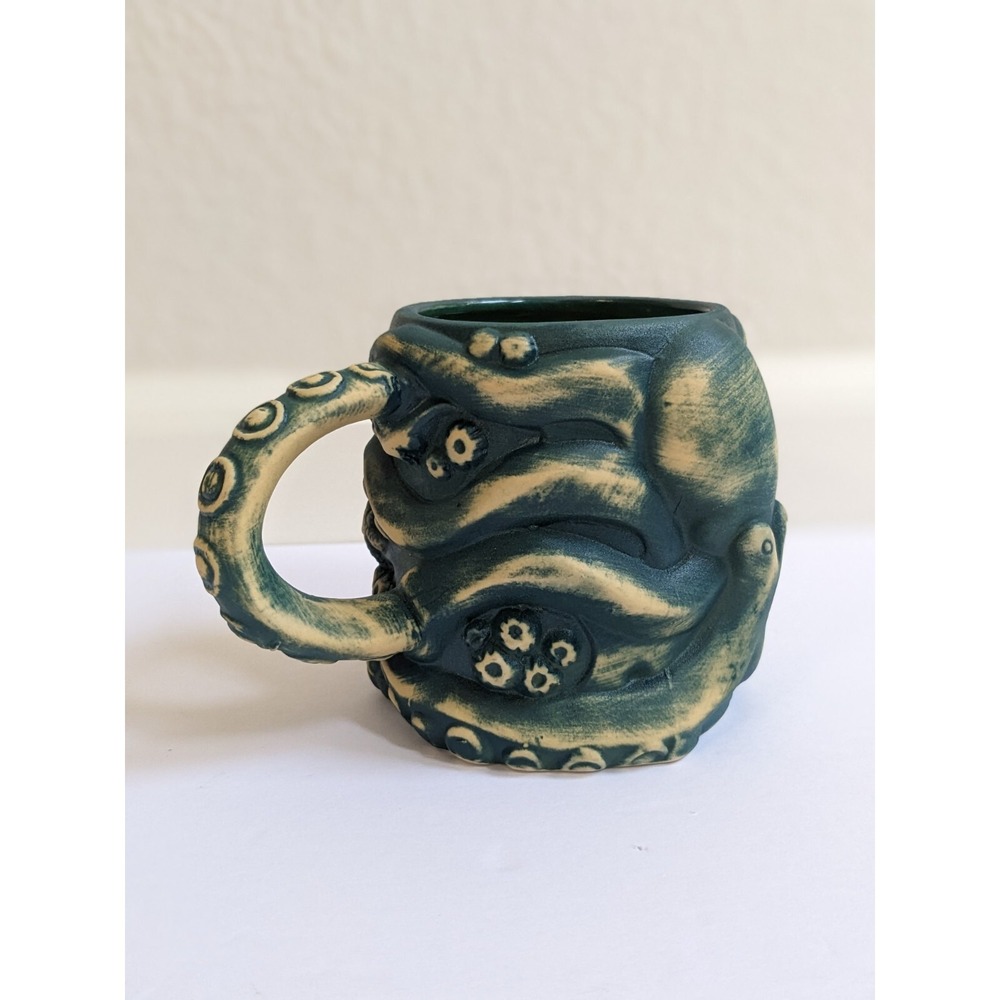 Mora Pagan Idol Handmade Hawaiian Octopus Tiki Skull Mug Matte Green Finish - Picture 5 of 10